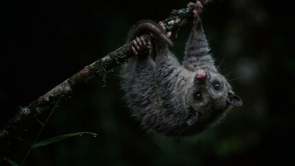 Naklejka premium A nocturnal aye aye lemur hanging upside down from a mossy branch in the dark forest.