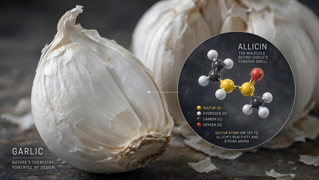 Fresh garlic clove macro photo with a scientific microscopic inset highlighting sulfur atoms inside allicin molecules responsible for the distinct pungent aroma