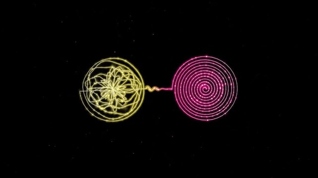 Mental health therapy and brain untangling concept. Glowing yellow tangled line transforming into a neat pink spiral on black background. Psychological healing graphic illustration