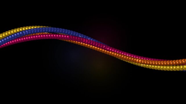 3D abstract beaded spiral wave loop. Colorful beaded lines on black background