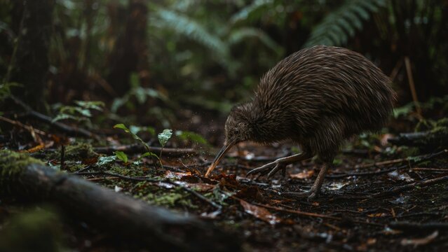 A wild kiwi bird foraging on the forest floor in New Zealand.