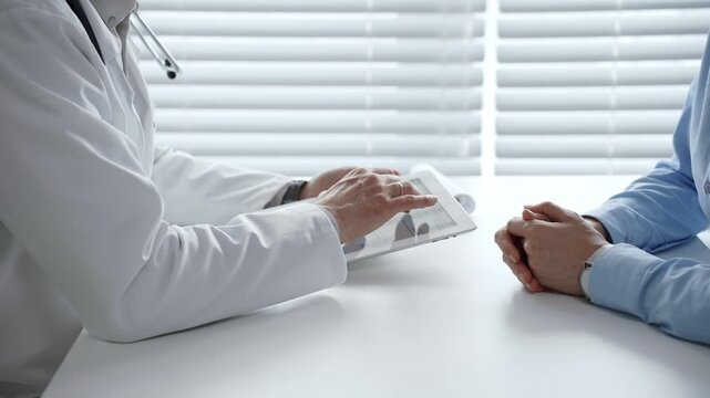 Doctor reviews digital health records with patient on tablet, explaining diagnosis and treatment options to support informed decisions and clear communication in a modern clinic setting
