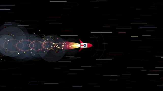 Rocket launch flat vector animation. Space rocket flying through stars