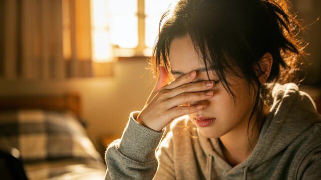 Rubbing eyes after laptop work, woman in gray hoodie leaning at desk in bedroom with laptop