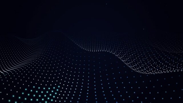 Abstract digital particle wave background. Blue glowing dots loop animation