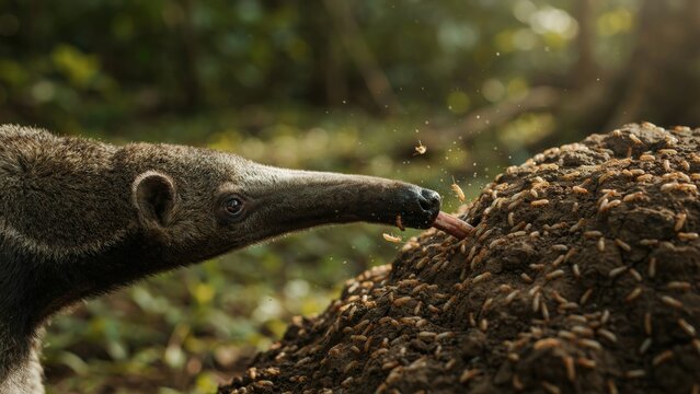 Giant anteater feeding on a large termite mound in the wild.