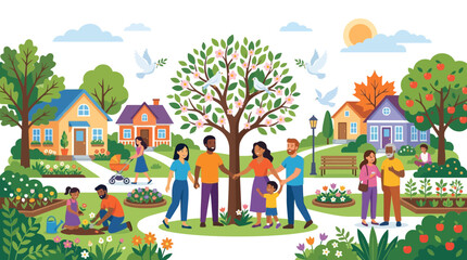 Fototapeta premium Diverse happy community living together in peaceful neighborhood flat vector illustration