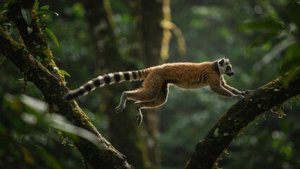 Naklejka premium A ring tailed lemur leaping between branches in a lush tropical forest.