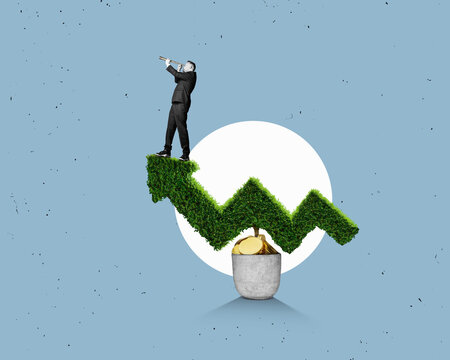 An arrow made of fresh green leaves and a businessman with a telescope looking ahead. Finding a successful financial concept for wealth growth.