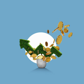 A realistic arrow made of fresh green leaves, isolated on a flat design background. Financial concept for growing money.