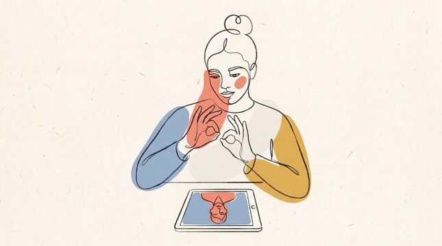 Woman using sign language during a tablet video call