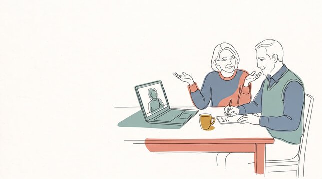 Older couple attending an online consultation on a laptop