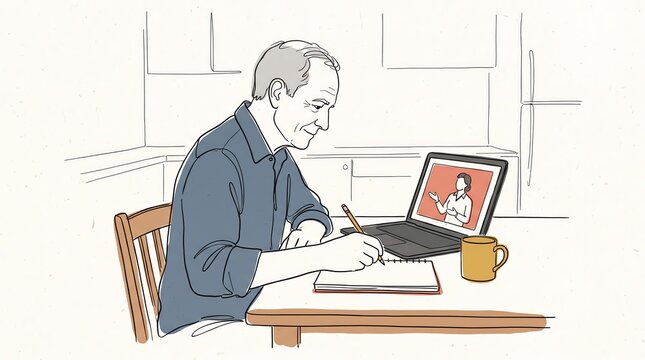 Senior man taking notes during a telehealth video call