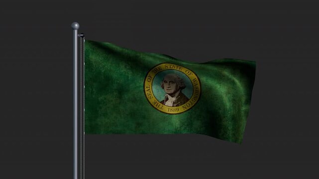The Washington state flag with textured fabric waving on a pole