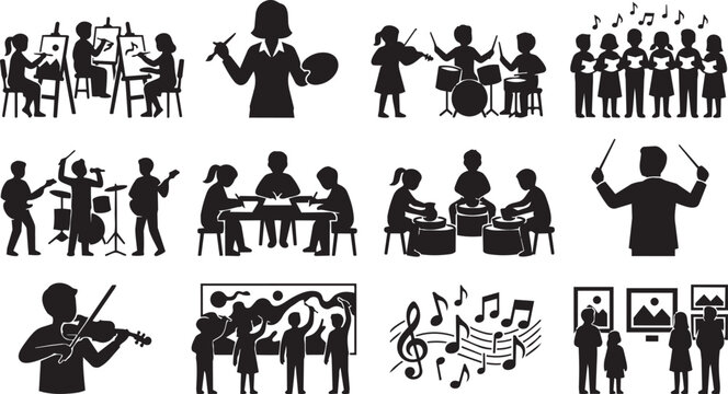 Collection of black silhouette depicting arts, music education, painting, playing instruments, choir singing, and museum visits