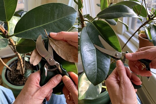 Pruning Ficus Leaves with Garden Shears