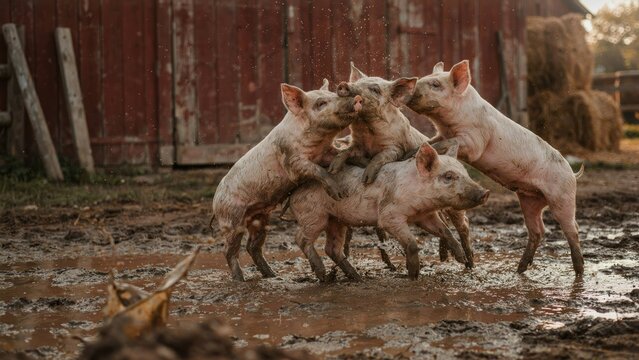 Playful piglets frolicking in a muddy farmyard.