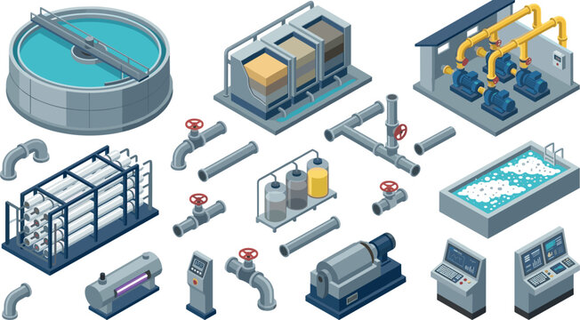 Isometric Water Treatment and Sewage Purification Plant Vector Element Set Featuring Clarifiers Filtration Tanks Pumps Pipelines Control Panels and Industrial Machinery