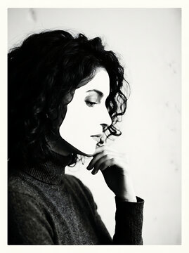 Profile portrait of a thoughtful woman with curly hair in high contrast black and white