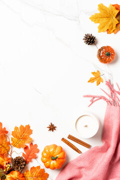 Cozy autumn flat lay background on white.