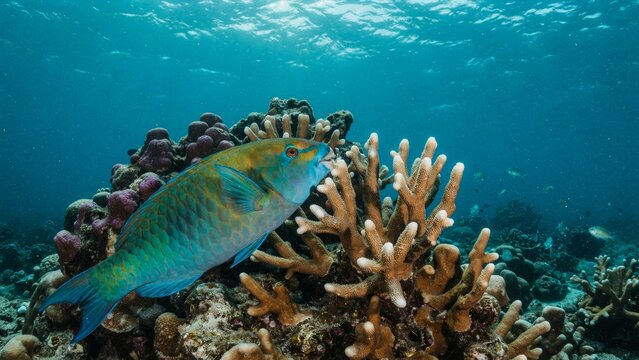 Vibrant parrotfish swimming near a colorful coral reef in the deep blue ocean.