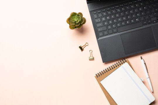 Office workspace flat lay background.