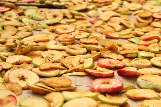Expansive view of sliced raw apples laid out on paper for traditional drying