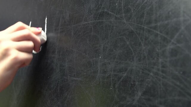 Child writing help me on chalk board
