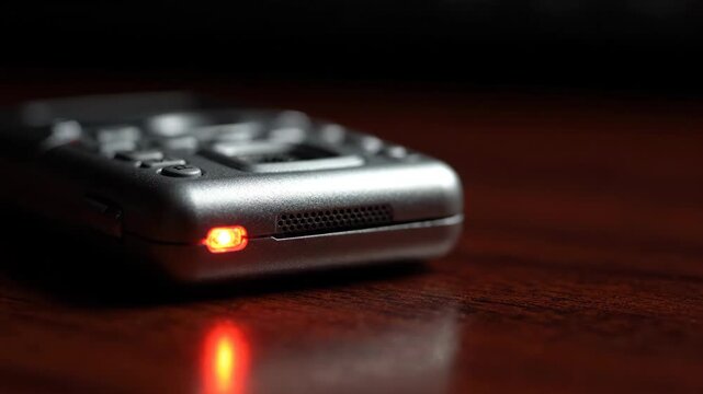 Sleek silver voice recorder red light dictation device sound recorder digital audio device closeup metallic finish technology gear on wooden table