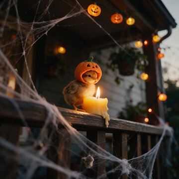 Cute Baby Chick in Tiny Pumpkin Hat beside Candle on Halloween Porch