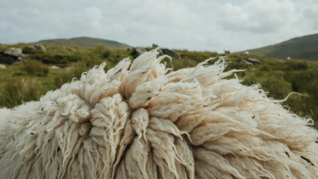 Close up of thick white sheep wool in a grassy mountain landscape.
