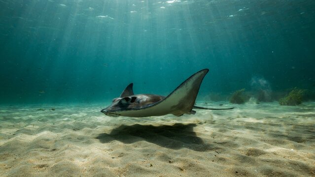 A graceful eagle ray swimming over a sandy ocean floor.