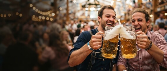 Naklejka premium Two men cheering with large beer mugs at a lively festival. Friends celebrating together in a traditional beer hall with festive lights and copy space.