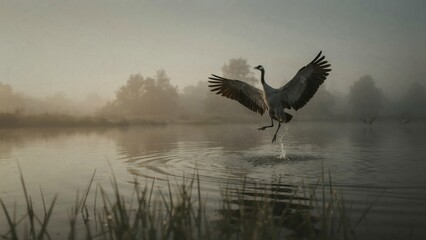 Naklejka premium A majestic crane landing on a calm misty lake at sunrise.