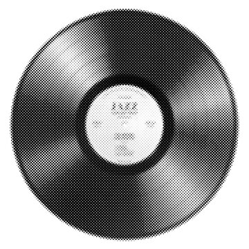 Vintage vinyl record in halftone style with realistic circular grooves and retro print effect. Classic music background for album covers, posters, branding and creative graphic design.