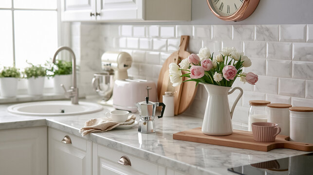 Modern kitchen interior with white cabinets and marble surfaces, showcasing home decor with a bouquet of tulips and coffee accessories