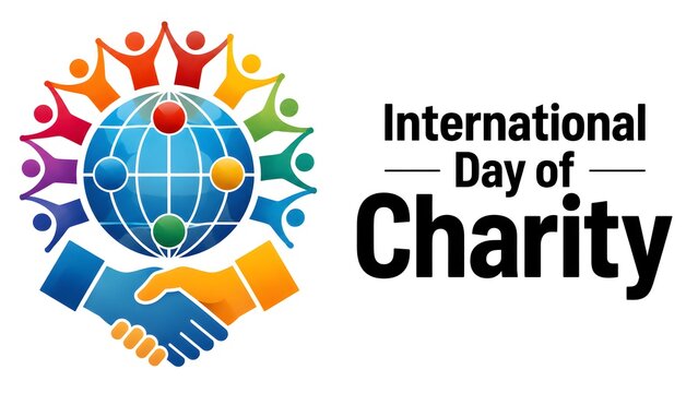 International day of charity graphic design featuring handshake and globe with colorful human icons