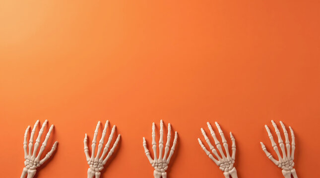 Plastic skeleton hands reaching from bottom on bright orange background for spooky design.