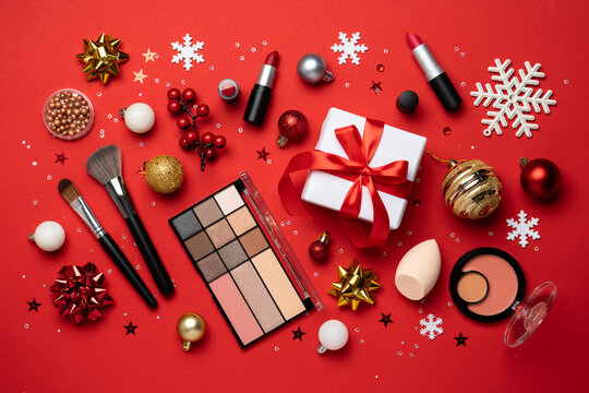 Winter cosmetic, make-up products. Christmas sale and shopping concept.