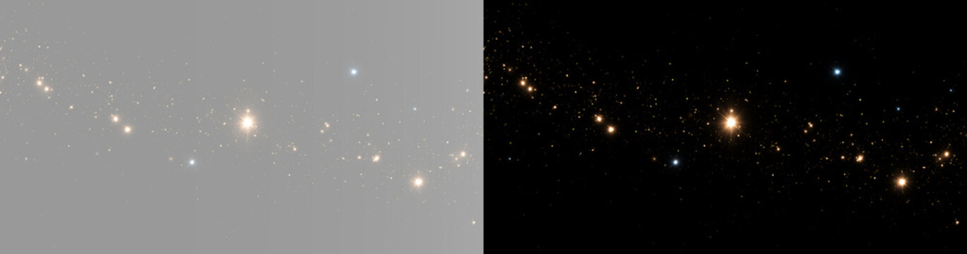 Soft golden star field with sparkling glitter particles, glowing magic dust and warm light isolated as an overlay