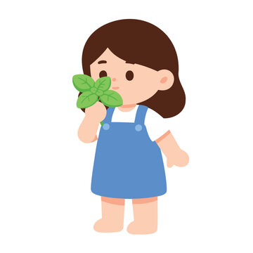 Cute cartoon girl smelling fresh green basil leaves in a blue overall