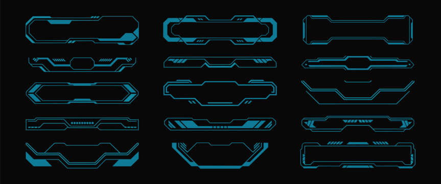cyber display panel set, futuristic sci fi hud lower third glowing ui frame templates for game overlays and video title boxes
