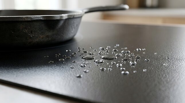 Macro Detail of Durable Scratch Resistant Ceramic Glass Induction Stove Surface with Water Droplets