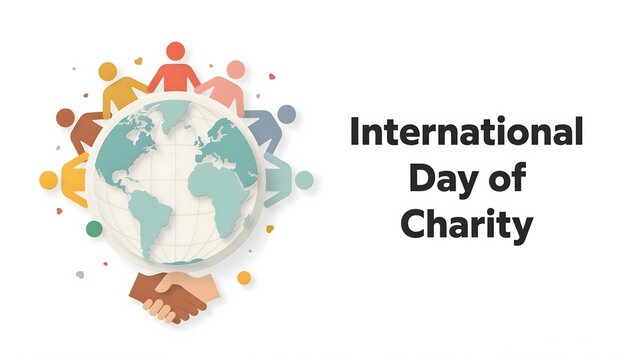 International day of charity graphic design featuring handshake and globe with colorful human icons