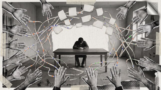 Man sitting alone at a desk reached by dozens of hands and wires