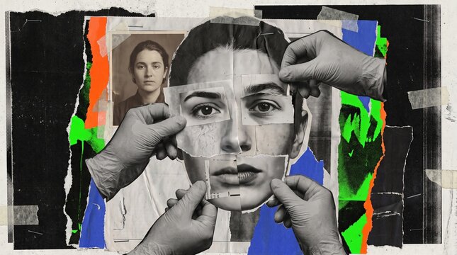 Gloved hands reassembling a woman's torn photographic portrait