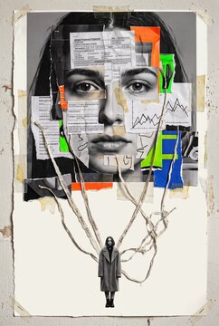 Woman's face built from documents with roots leading to a walking figure
