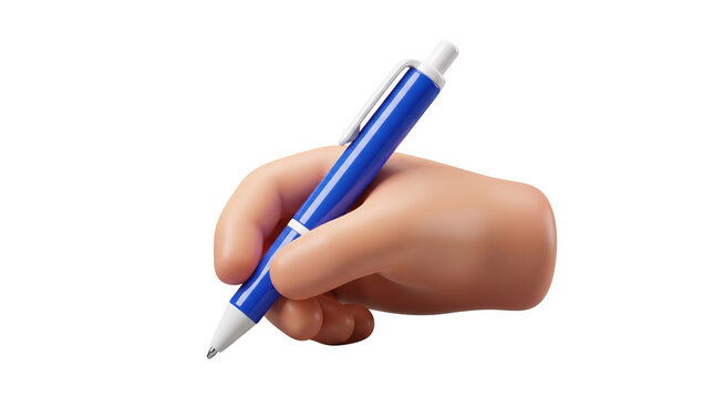Human hand holding blue ballpoint pen writing gesture for education and office administrative tasks represented by 3d illustrative design for creative projects.