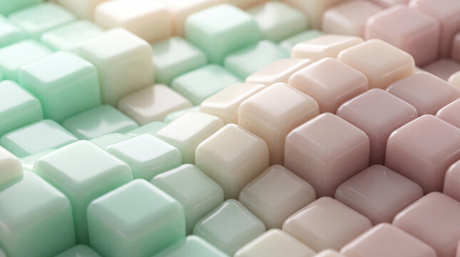 A high-quality 3D render featuring an abstract grid of smooth, glossy cubes in soft pastel shades of mint green and dusty pink with elegant lighting.