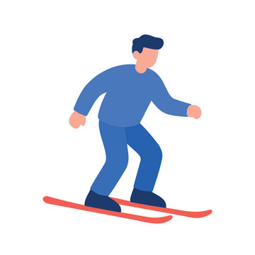 Man in blue outfit skiing down a slope on red skis